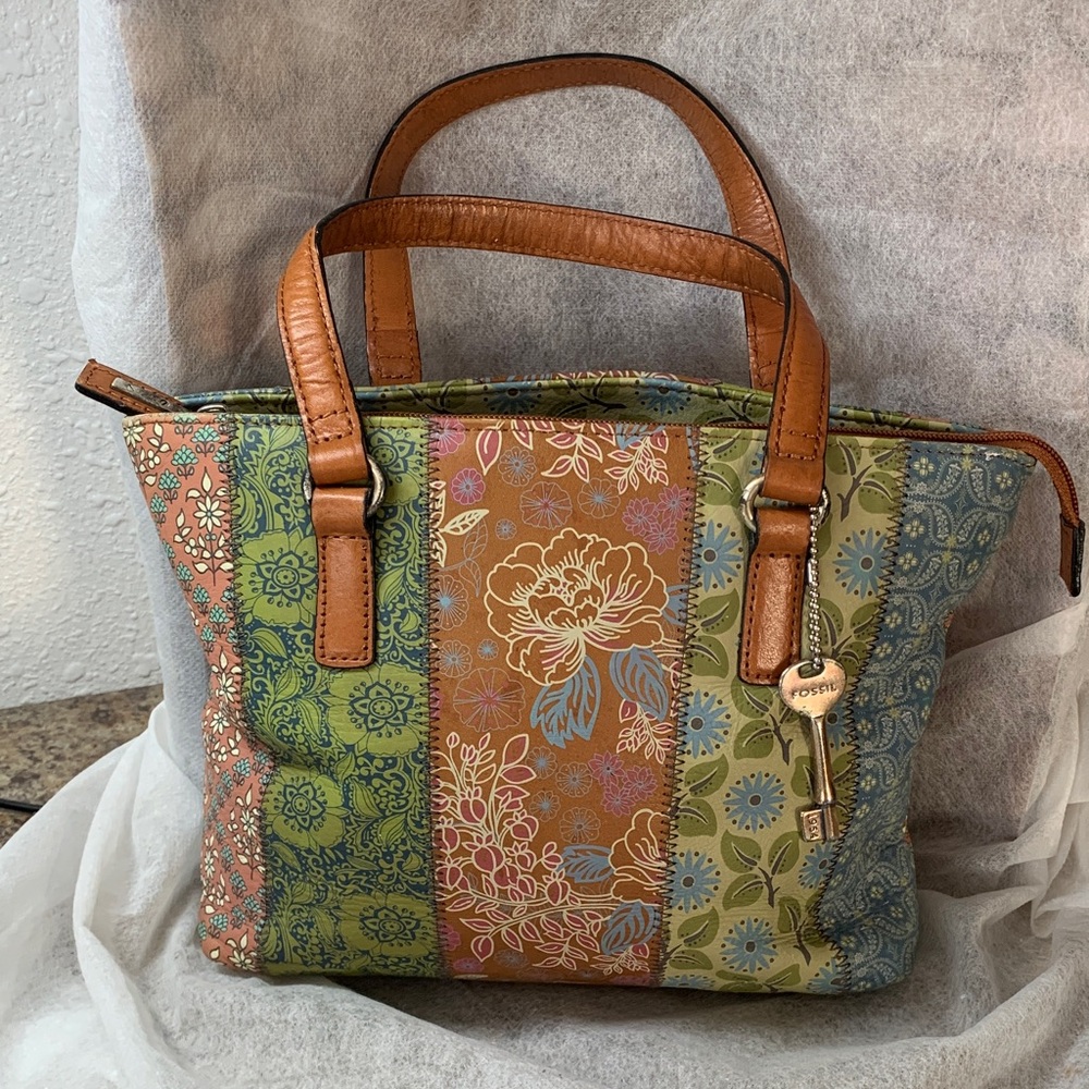 Vintage Fossil  Key-Per Multicolor (11")  Floral Patchwork Tote/Shoulder  Bag